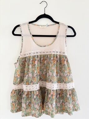 POL Sage Green Floral Crochet-Trim Sleeveless Tiered Top